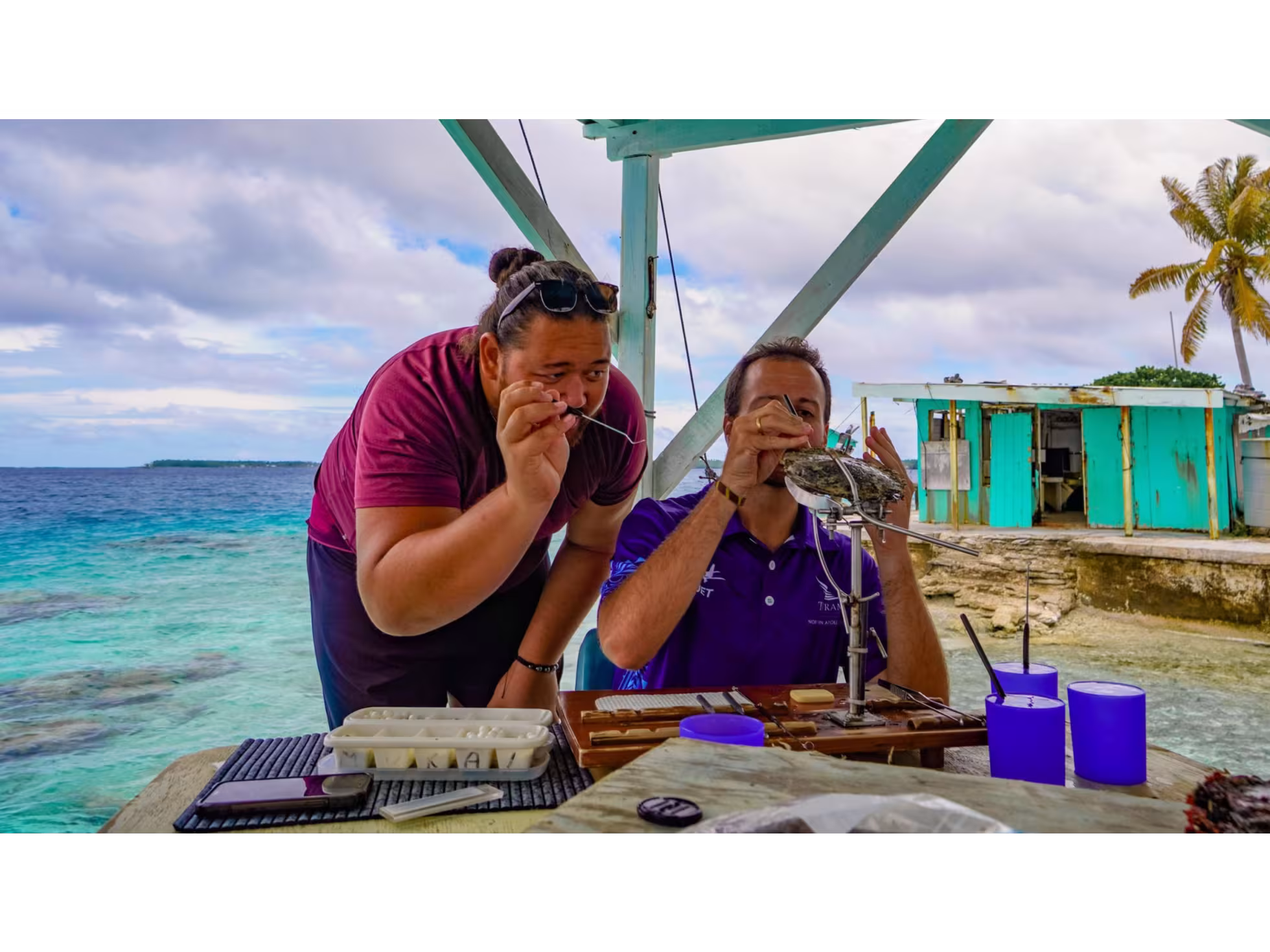 Tom Kora demonstrating to a visitor how to harvest a Black Pearl from an Oyster.